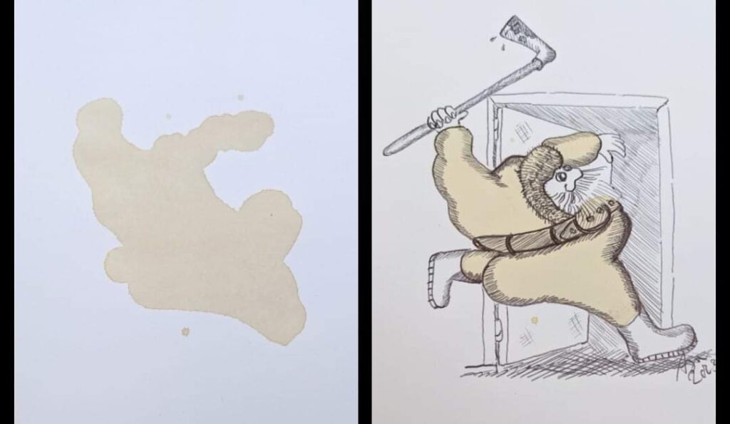 Links der Kaffeeflecke, aus dem dann rechts die Zeichnung zum "bluatige Damer" entstanden ist.