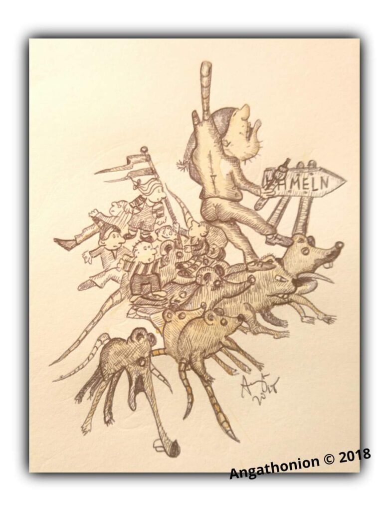 Eine Zeichnung von Angathonion zum Thema Rattenfänger von Hameln.