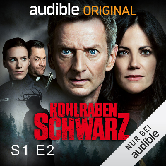Ankündigungsbild zum Hörspiel Kohlrabenschwarz 2. Links unten steht "S1 E2" für Episode 2 von Staffel 1