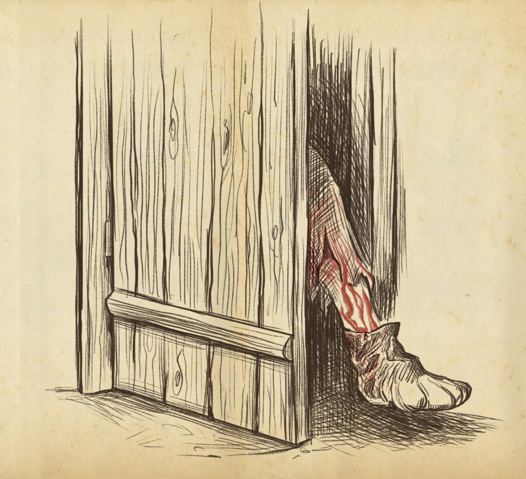Illustration von Timo Grubing für das Kohlrabenschwarz-Märchenbuch: Der Bluadige Damerl streckt seinen Fuß über die Türschwelle