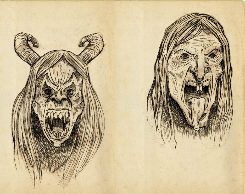 Illustration von Timo Grubing: grausige Perchten-Masken